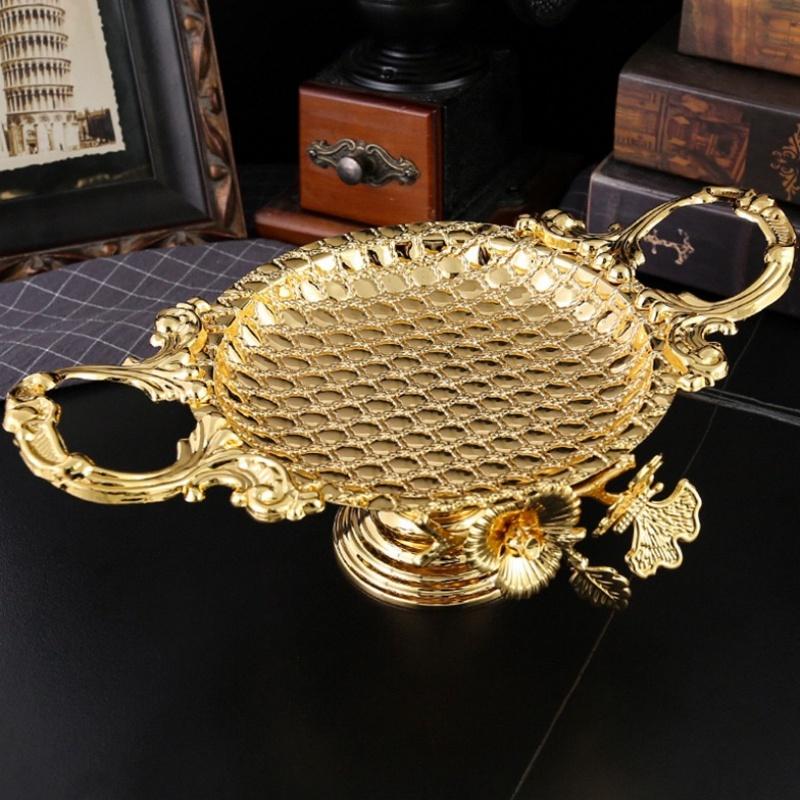 European Vintage Iron Art Metal Fruit Tray Gold Round Serving Plate Home Living Room Decor Kitchen Storage Dish