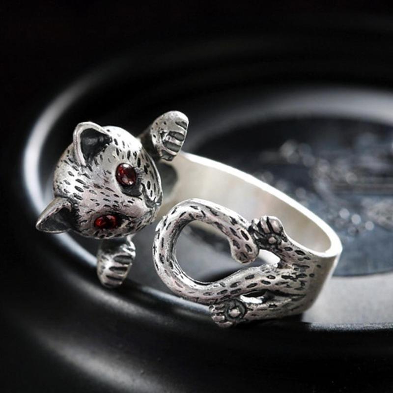 Cute Lovely Animal Cat Open Ring Silver Plated Jewelry Blue Crystal Eyes