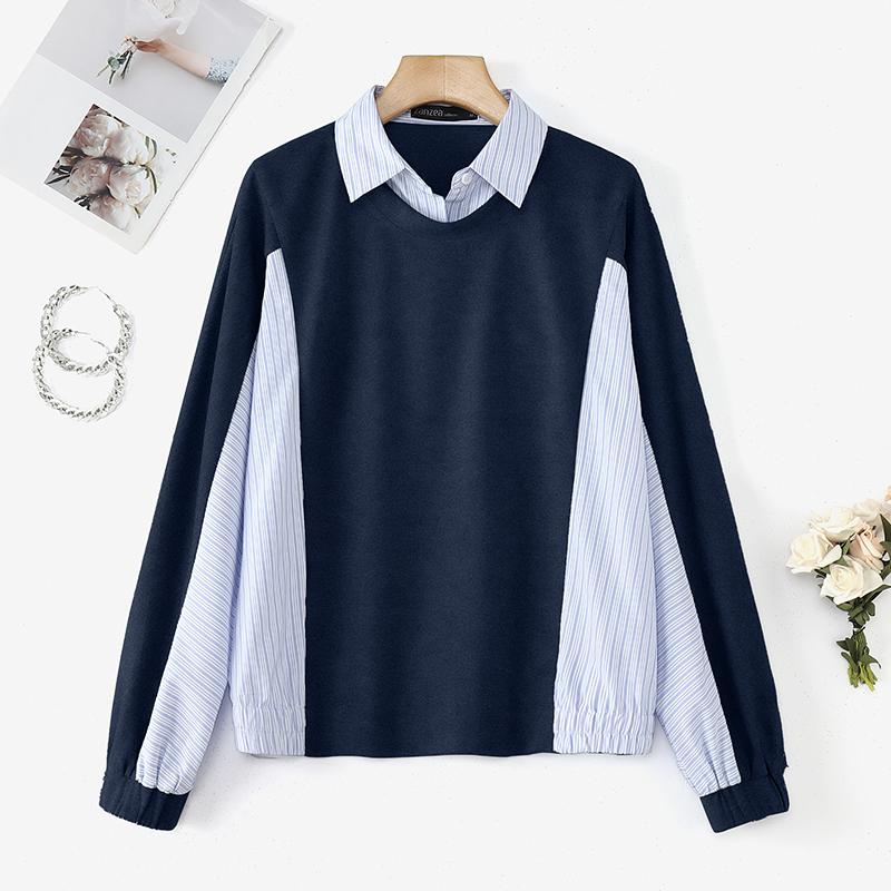 

ZANZEA Женская повседневная блузка с длинным рукавом в стиле пэчворк и отложным воротником 4XL темно-синий