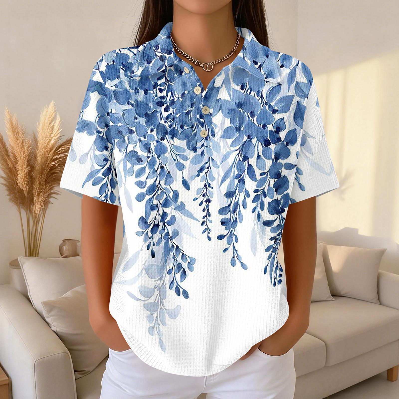 

Womens Casual Short Sleeve Waffle Knit Polo Shirt with Vintage Floral Print and Turn Down Collar for Everyday Wear XL