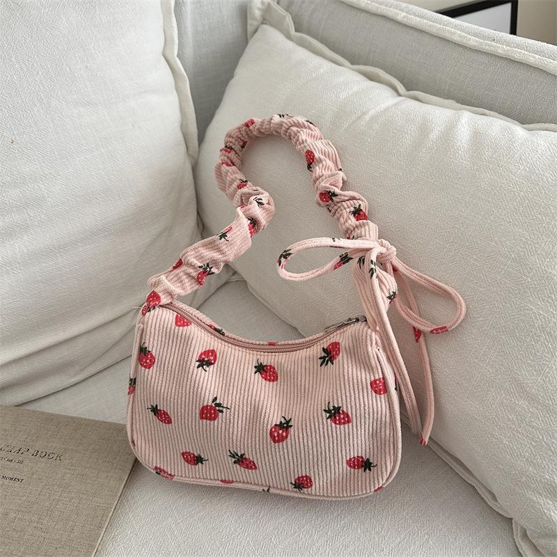 Fashion Cherry Printed Corduroy Makeup Bags Large Capacity Lightweight Zipper Makeup Storage Box Multifunctional Bag with Lining