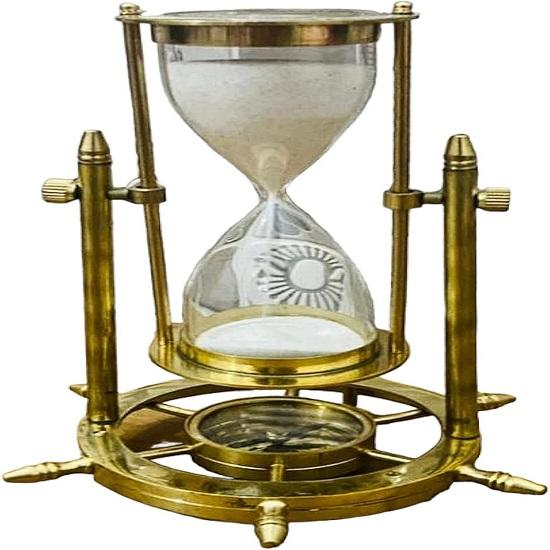 Clepsidră din Alamă și Sticlă cu Nisip Alb pentru Decor de Masă pentru Casă și Birou cu Bază Busolă Clepsidră Decorativă Cel Mai Bun Articol Cadou