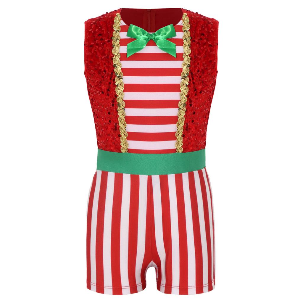 Kids Girls Christmas Party Jumpsuit Velvet Sequin Candy Cane Striped Color-block Sleeveless Back Zipper for Holiday Dress Up