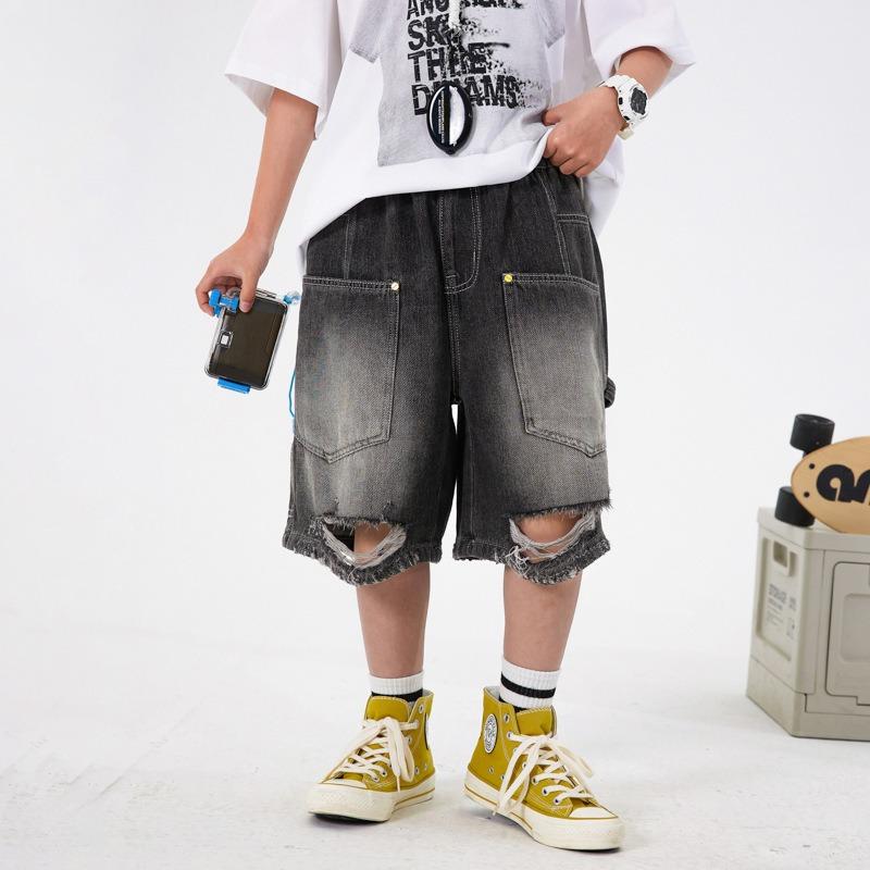 Boys' Summer Ruffian Handsome Ripped Five-point Tooling Denim Shorts, New Children's Boys Loose and Thin Pants