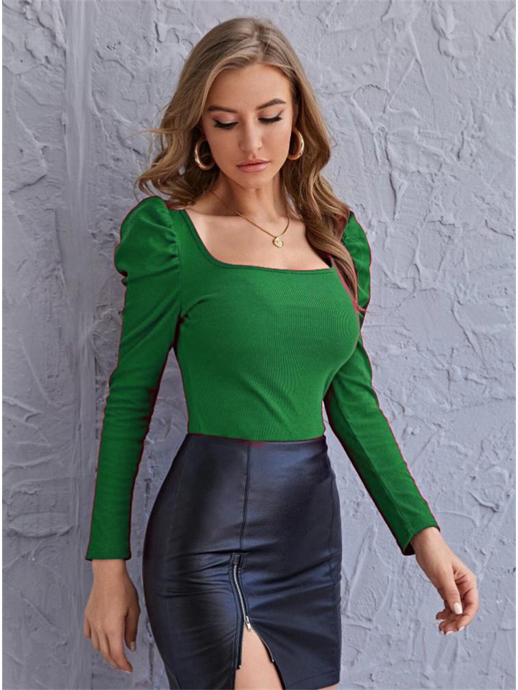 

Women s 2022 Square Neck Puff Sleeve Slimming Dress - European and American Style M зелёный