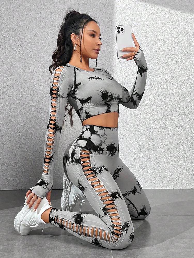 European American Tie-Dye Butt-Lift Yoga Set: Long Sleeve, Seamless Fitness Clothing with Hollow Out Design