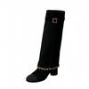 Botas de Cano Alto Color Block com Corrente e Salto Grosso da Moda para Mulheres, Botas Slimming para Outono Inverno 2026, Novo Estilo, Bota Versátil
