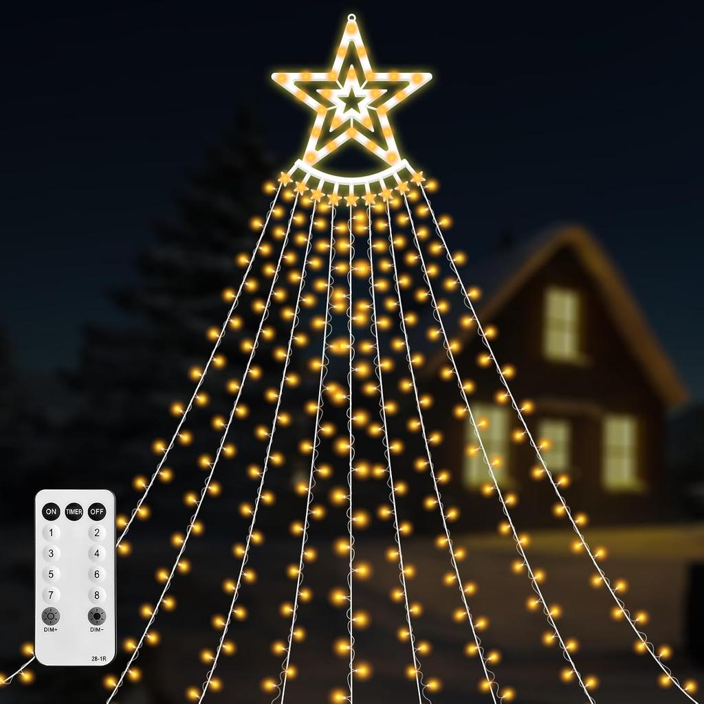 350 LED Christmas Decorations Star String Lights Waterproof Waterfall StarLights 8 Light Modes Remote & Timer,Waterproof Seasonal Lighting Decor for