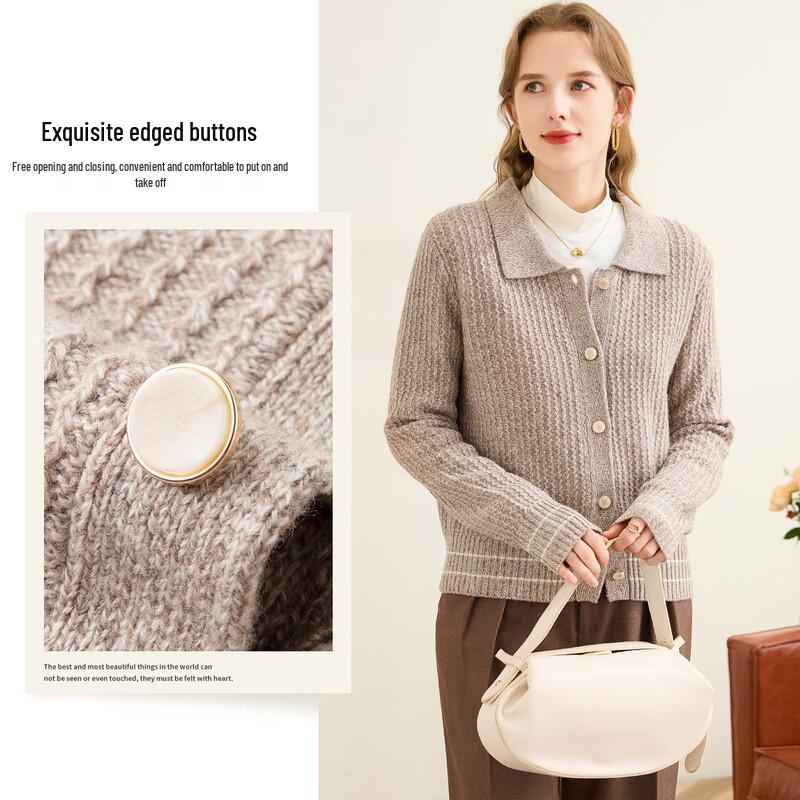 TUHUANG Women's Elegant Thick Pure Wool Lapel Cardigan