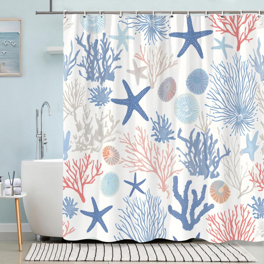 Turtle Shower Curtain Summer Beach Anchor Nautical Starfish Watercolour Art Creative Polyester Shower Curtains Bathroom Decor