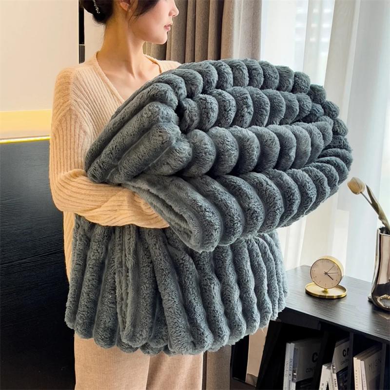 Solid Thickened Wide Striped Flannel Multifunctional Throw Blanket Luxury Faux Rabbit Fur Warm Bed Blankets Sofa Blanket,nap Blanket