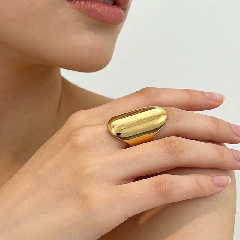 Vintage Metal Smooth Oval Wide Open Rings For Women Stainless Steel Gold Color Geometric Adjustable Chunky Rings Zircon