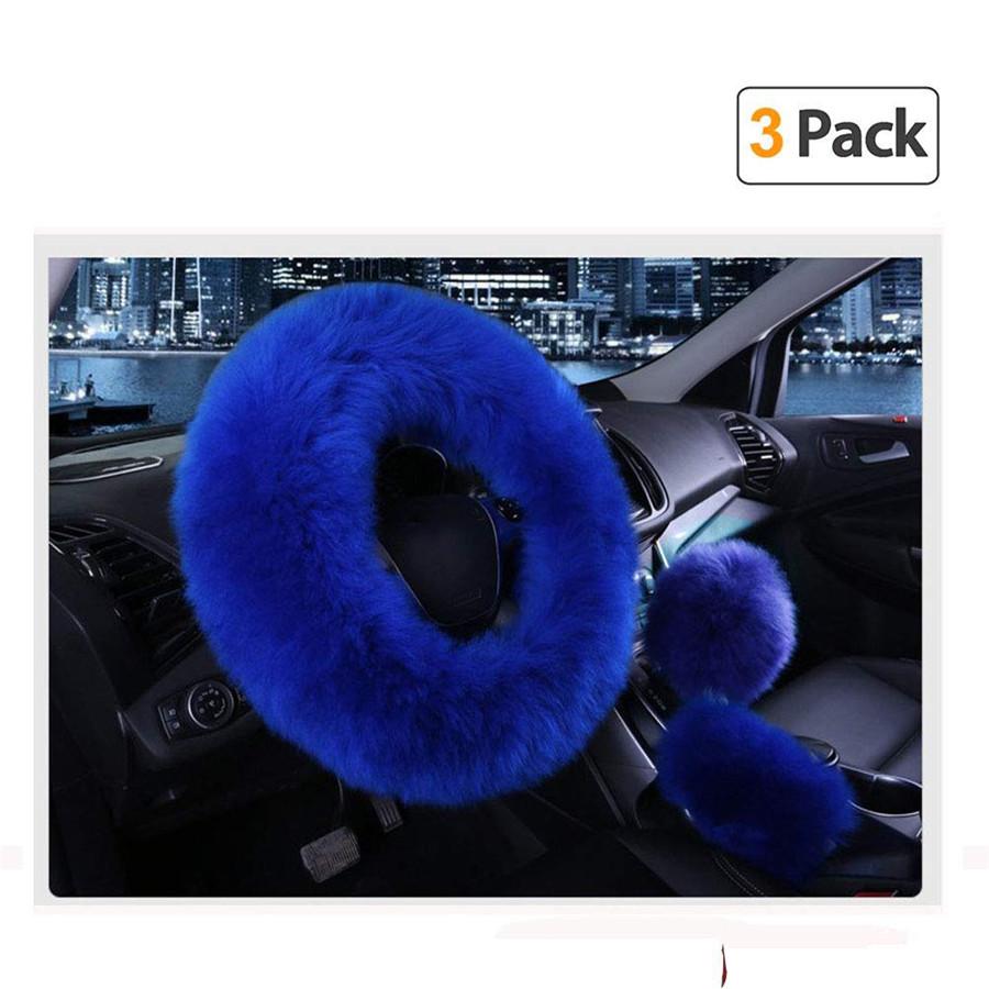 3 Pezzi Coprivolante Auto in Pelliccia Maturo Gemma Blu Lana Pelliccioso Soffice Spesso Inverno