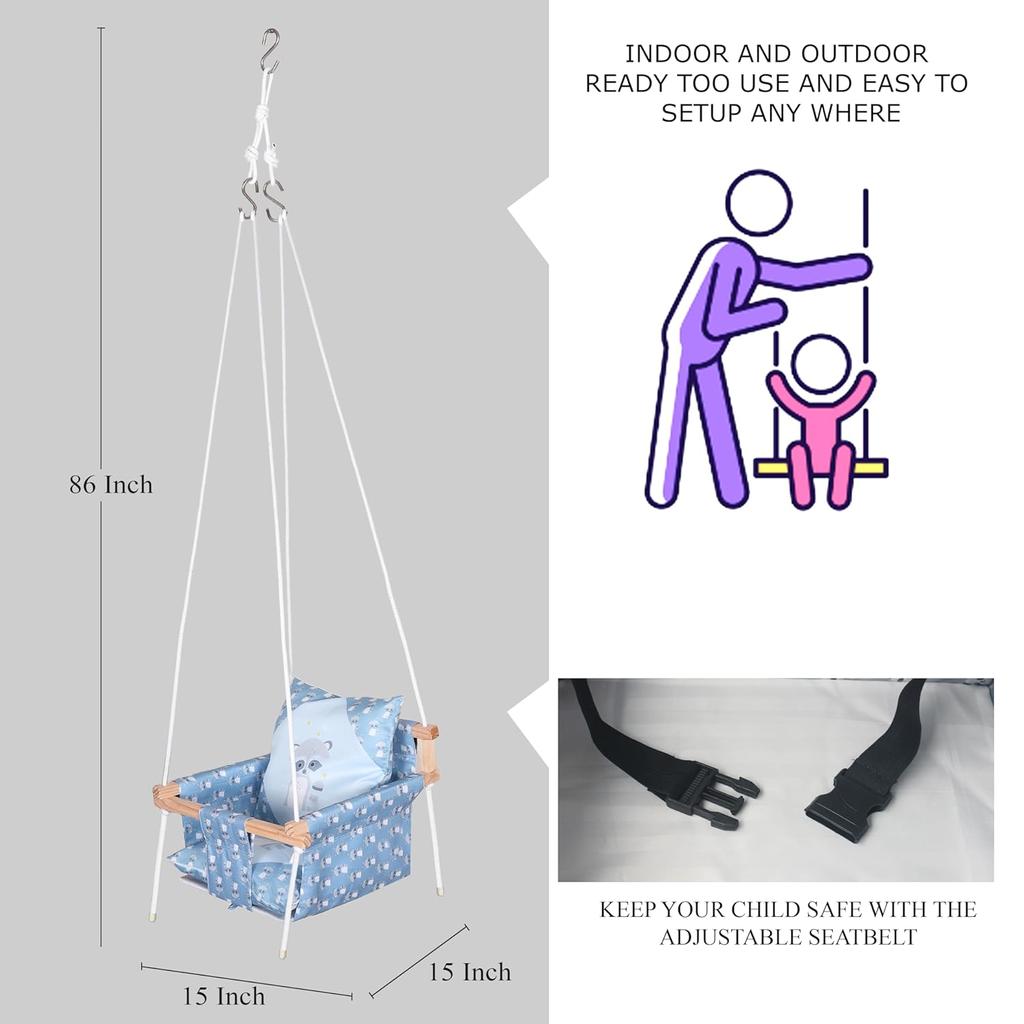 Swing for Kids, Baby Swing Hanging Indoor Outdoor, Kids Wooden Swing, Baby Garden Swing, Jhula for Kids with 2 Pillow (Blue Fox)