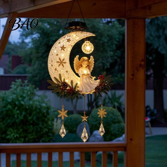 Warm Glow Landscape Lighting Solar Angel Moon Light, Christmas Hanging Lantern with Glow, Resin Festive Holiday Gift for Friends Outdoor Yard