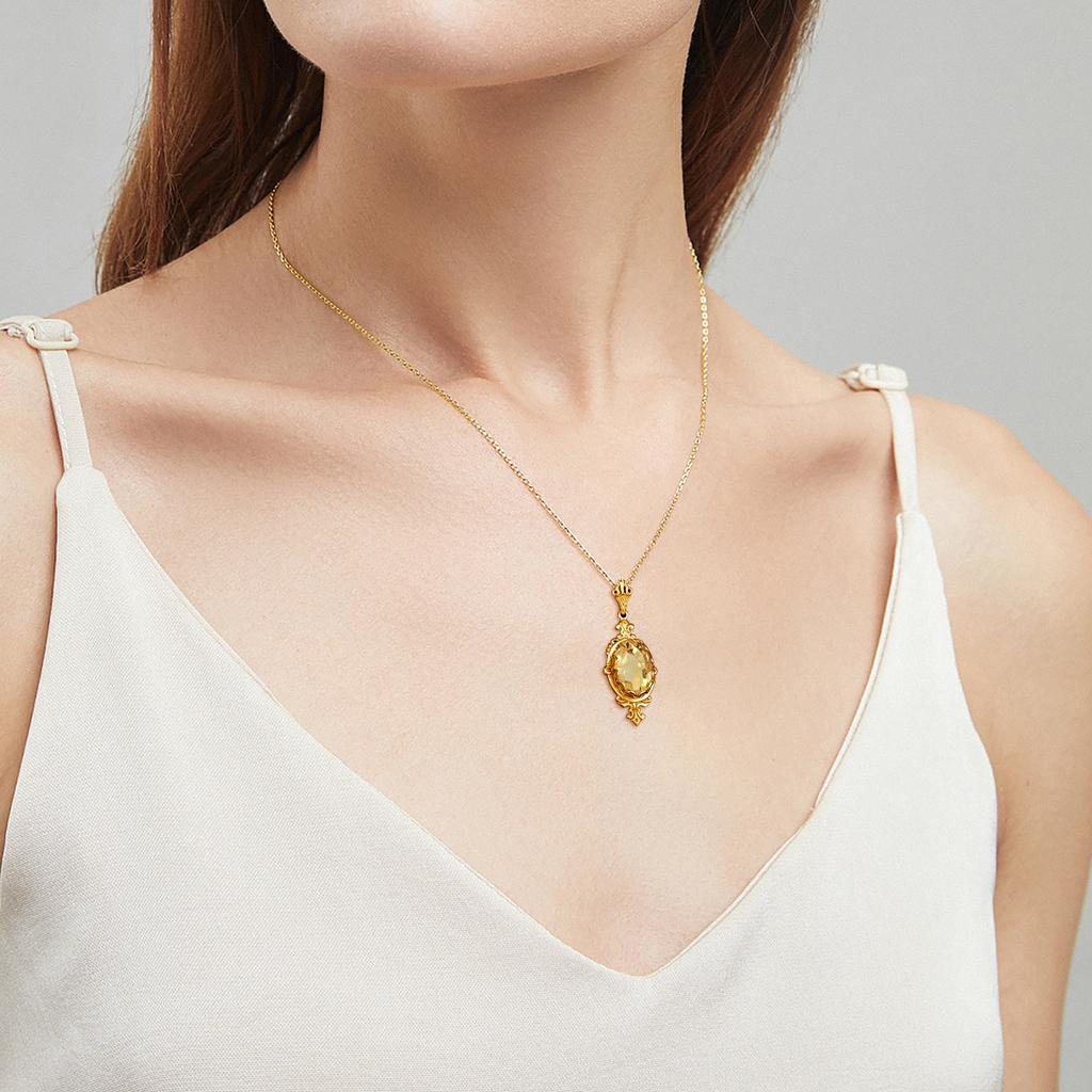 100% Sterling Silver 925 Citrine Necklace Women Luxury 10*14mm 8ct Oval Yellow Stone Pendant Victoria Style Jewelry Gift Female