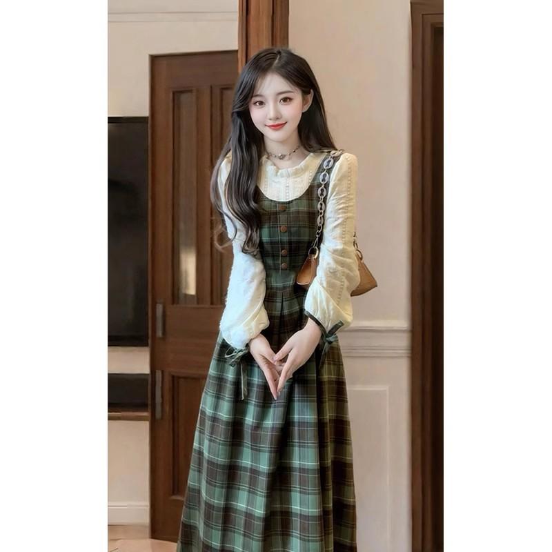 College style fake two green plaid dresses autumn and winter women's clothing new small men wear long dresses
