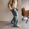 Men's Washed Distressed Wide-Leg Jeans - Retro American Street Style, Floor-Length, Perfect for Spring and Autumn