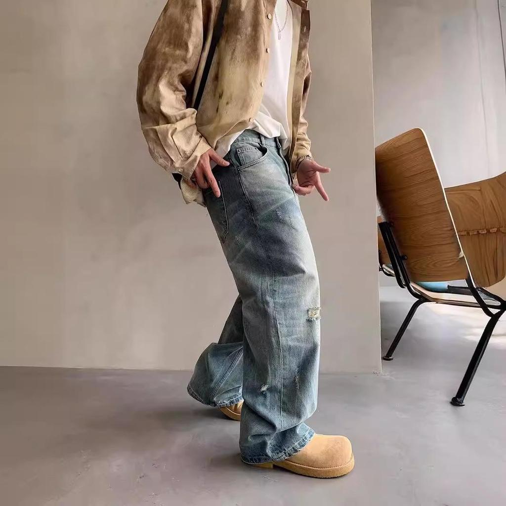 Men's Washed Distressed Wide-Leg Jeans - Retro American Street Style, Floor-Length, Perfect for Spring and Autumn