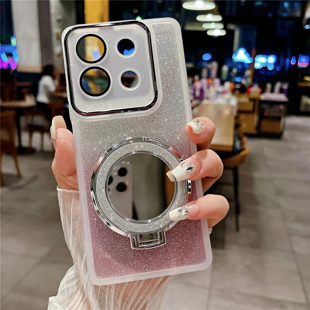 Lens Protection Film Glitter Silicone Soft Case for Oneplus 13R 1+13R Magnetic Mirrow Holder TPU Phone Bumper for One Plus ACE 5 Pro ACE5Pro 13