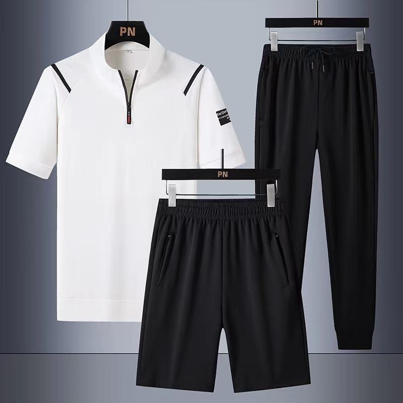 Large Casual Polo Shirt Long Pants Three Piece Stand Up Collar Sports Short Sleeved Set for Men