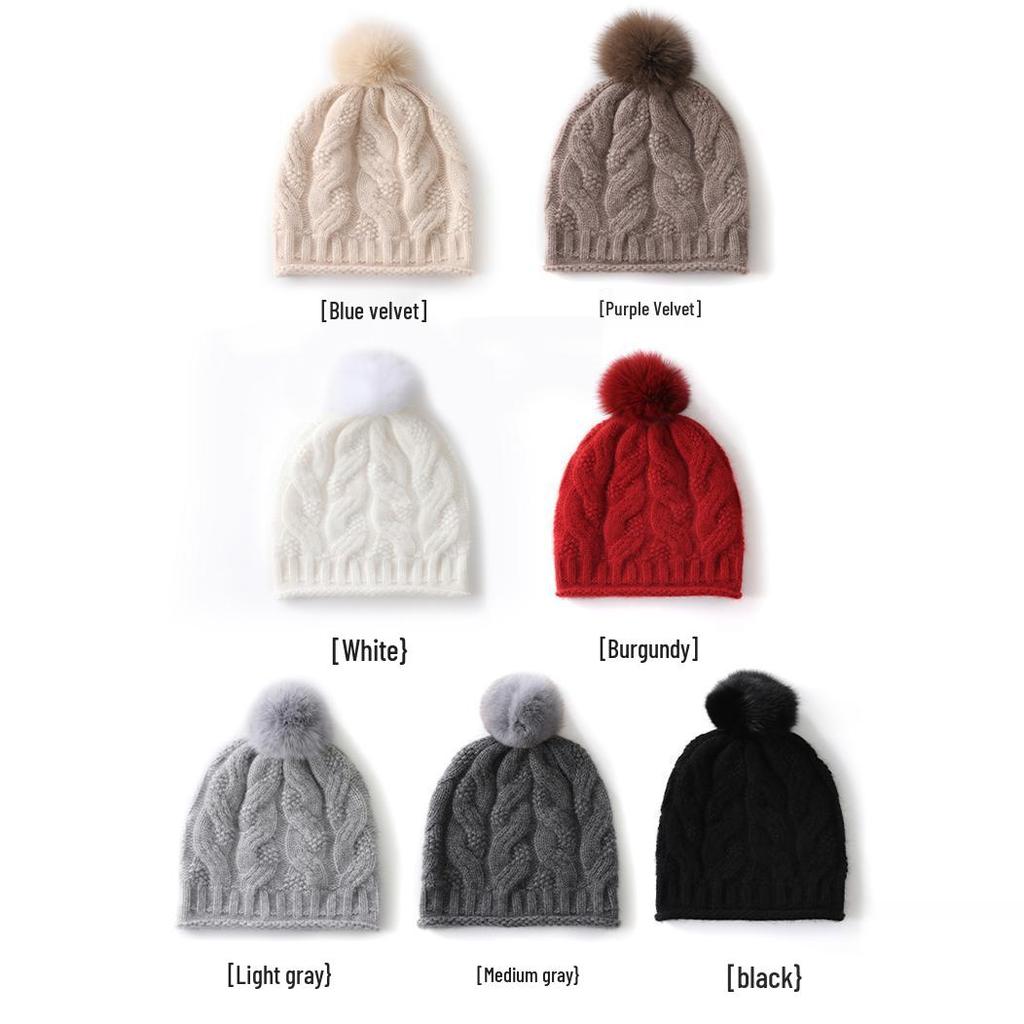 Women's Cable Knit Cashmere Beanie with Fox Fur Pom Pom - Thickened, Warm, and Casual Winter Ear Protection Hat