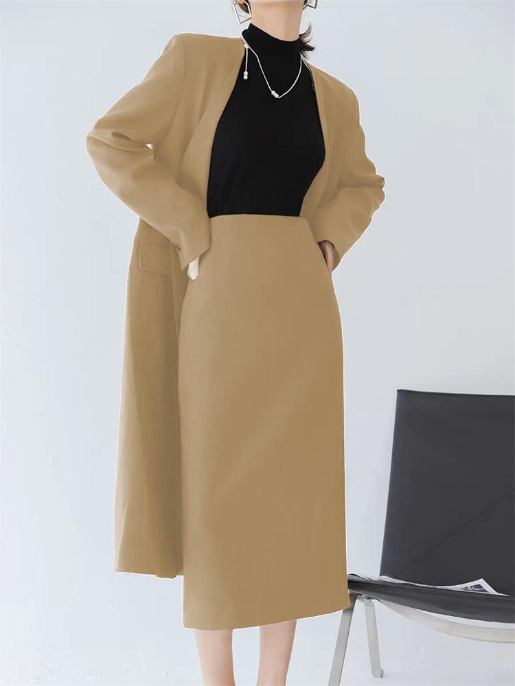Women's Mid-Length Coffee-Colored A-Line High-Waisted Slit Skirt