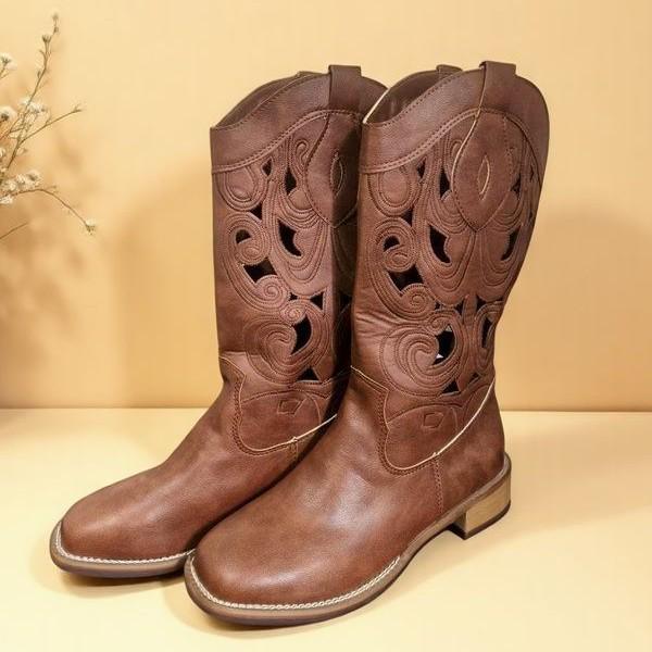 

Brown Vintage Western Cowgirl Cutout Mid-Calf Retro Embroidered Chunky Heel Boots for Women. 42