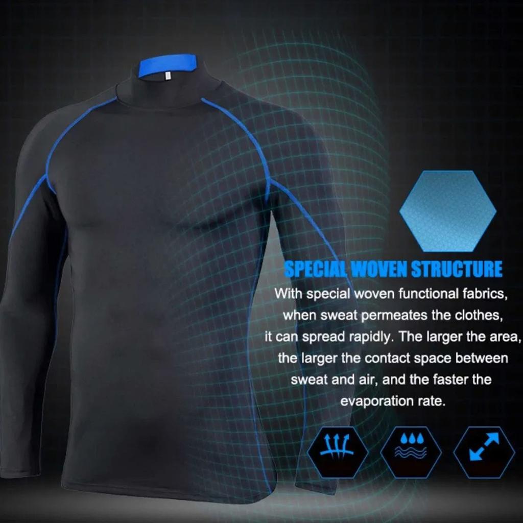 Men's High Elastic Compression Shirts Long Sleeves Sports Top for Athletic Workout Shirt Black and Blue Lines M