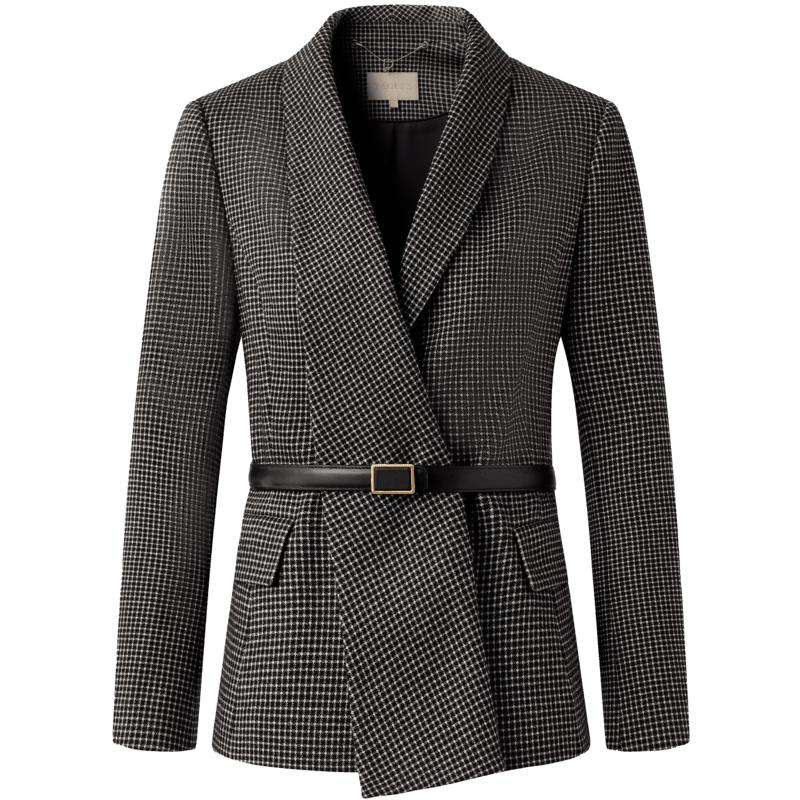 

PORTS Women s Autumn/Winter Black Plaid Waist-Cinching Knit Jacket L