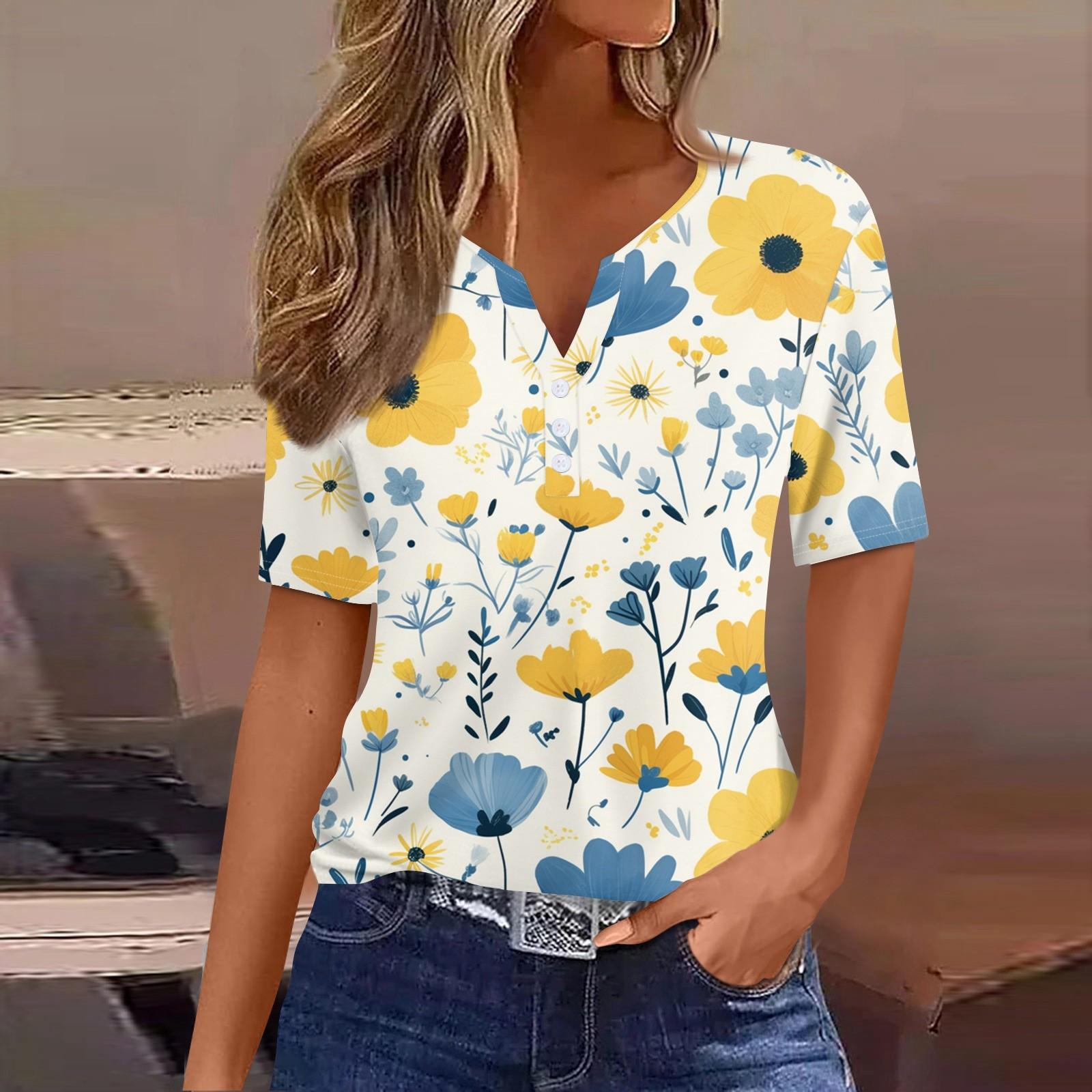 

Жен. Футболка С принтом Пуговицы С короткими рукавами Повседневные Выходные Мода Классический Классический V-образный вырез Обычный Топ XL жёлтый