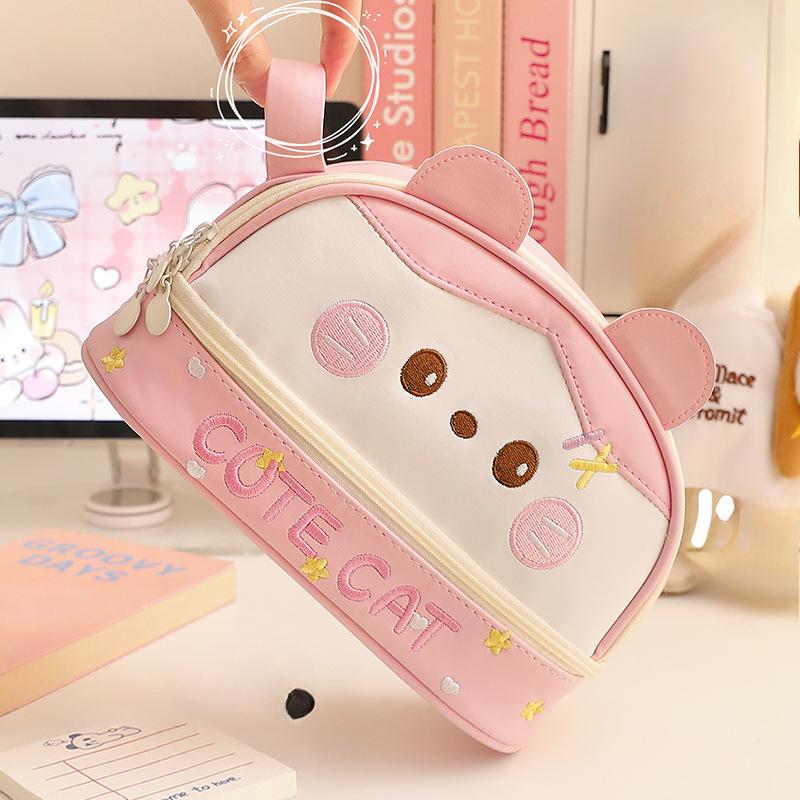 Large Capacity Waterproof Pencil Bag Cute Cartoon Panda Kitten Pencil Case Kawaii Animal Stationery Storage Bag Student Supplies
