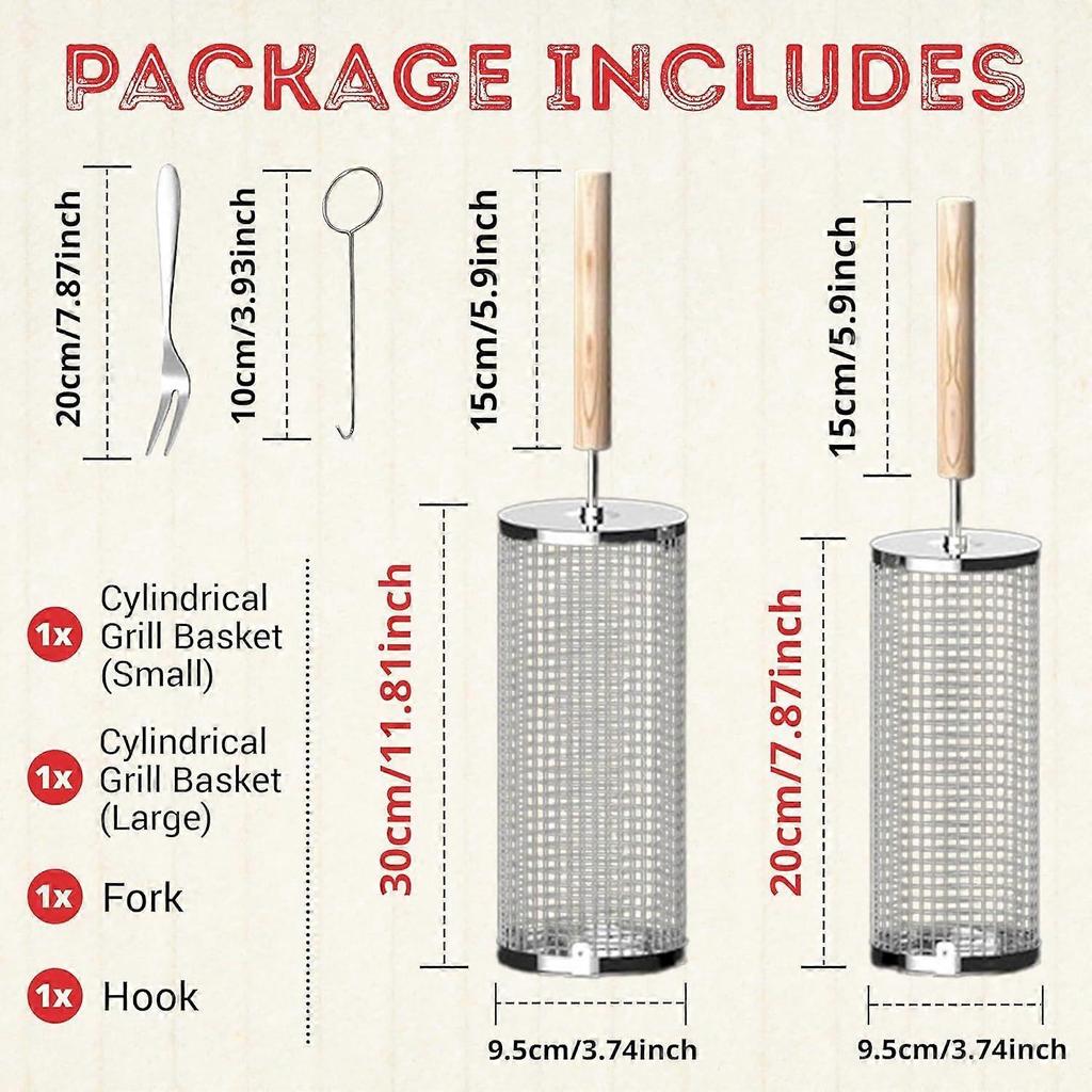 Rolling Grill Basket 2Pcs, Removable Wooden Handle, 304 Stainless Steel, Outdoor Kitchen Grill Accessories for Vegetables, Garden Camping Gadgets for 