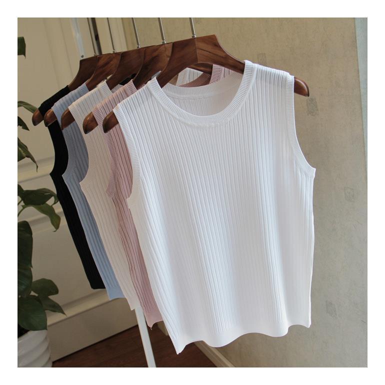Summer Round Neck Undershirt Women Wide Straps Thin Inner Sleeveless Knitted Solid Color Outer Tops Polyester Vest