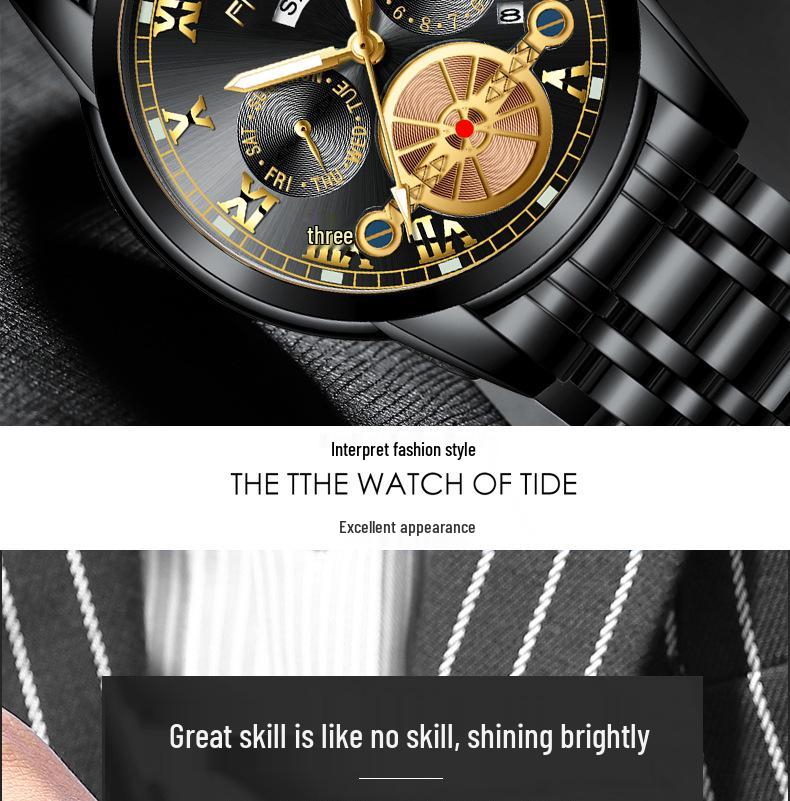Orologio da uomo FenZun con Tourbillon Volante Nero e Cinturino in Acciaio con Diamanti Neri