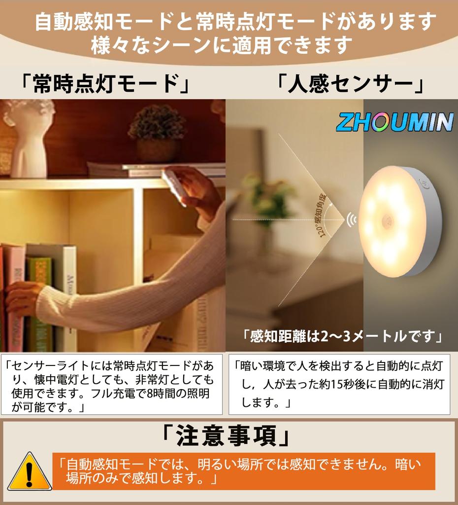 ZHOUMIN LED Sensor Automatic 2 Colors Motion Sensor Indirect Stepless for Indoor Use Pack Japanese Instructions Light, Activation, Type-C