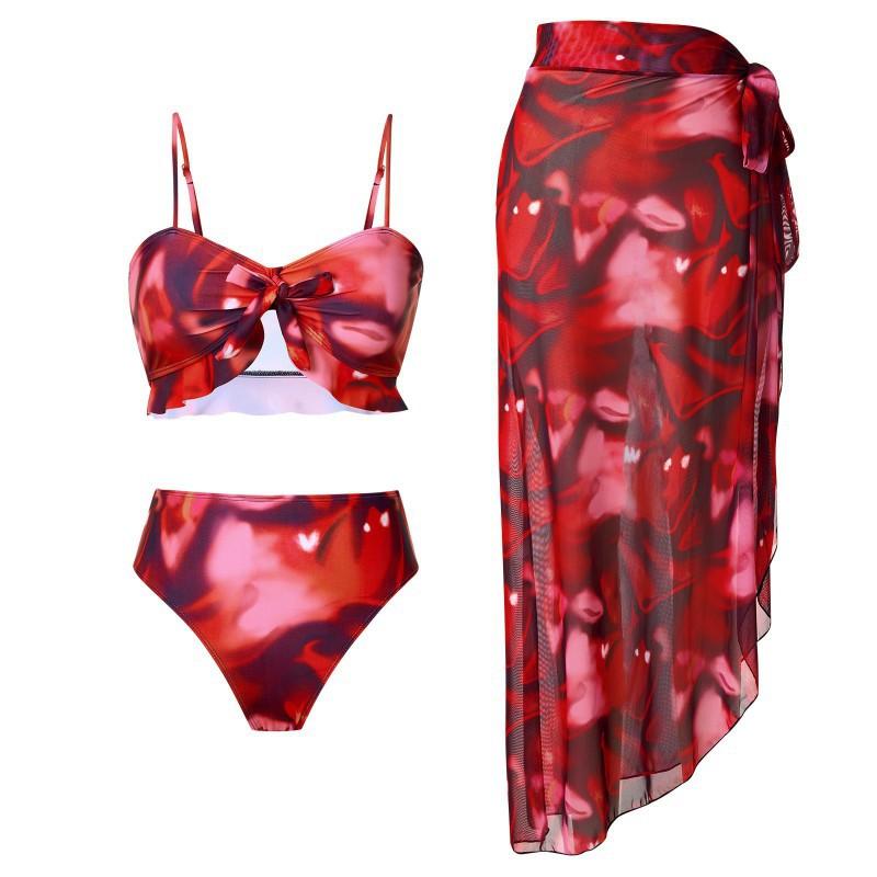 Three-piece Split Print Sexy Women s Swimsuit High-waist Slim Bikini S