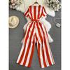 Fashion Celebrity Short Sleeve V-Neck Striped Dress Pants Casual High Waist Skinny Straight Wide Pants Jumpsuit