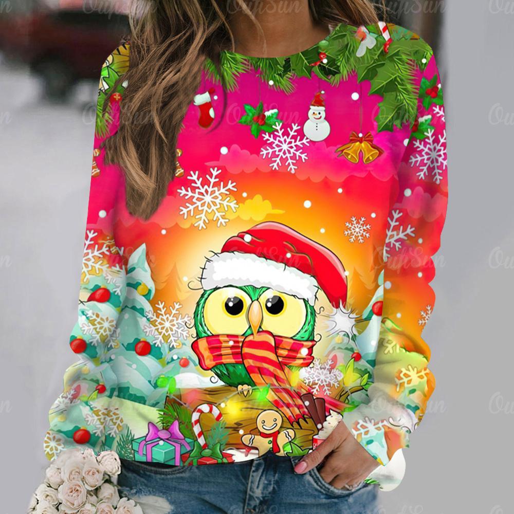 Cartoon Owl Pattern Cotton T-Shirt For Women Christmas Style Long Sleeve Tops Autumn O Neck Oversized Pullover Harajuku Sweater