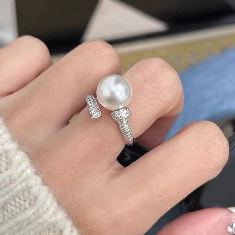 Genuine White Grey Pearl Open Ring for Women Wedding Zircon Sterling Silver Rings Fine Girl Birthday Gift