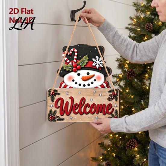 Holiday Festive Wood Pendants 2D Flat Christmas Wooden Door Hanger Sign, Santa & Snowman Welcome Party Decorations Hanging Plaque, Merry Front
