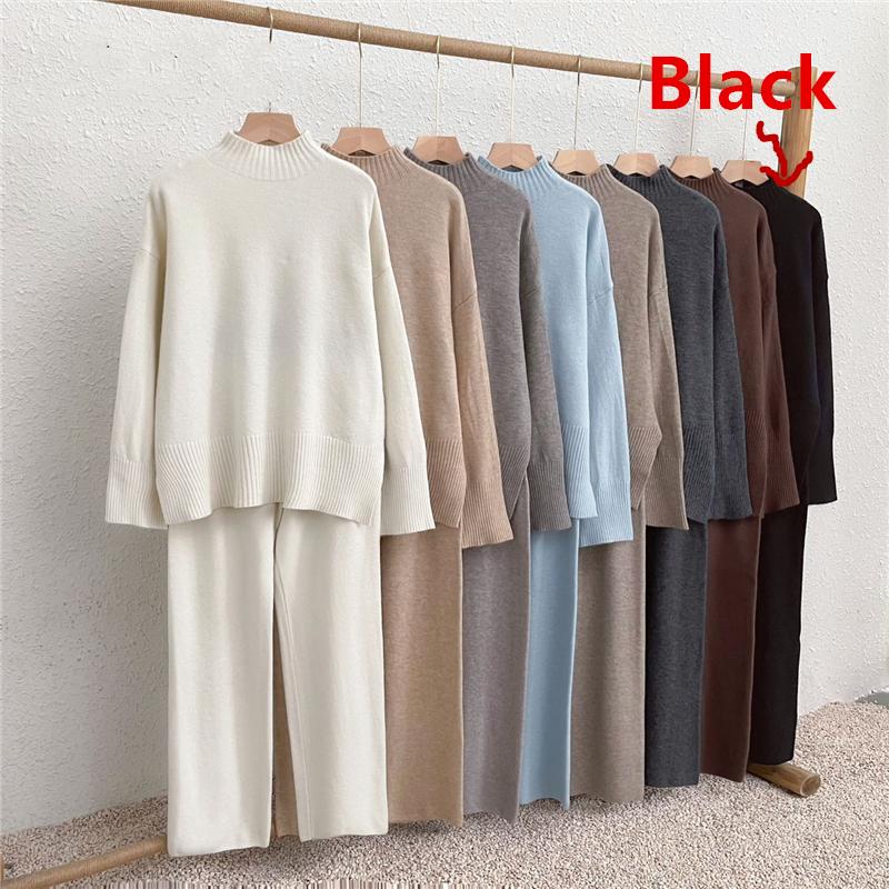 Autumn Winter Split Women's Sweater Sets Solid Color Knitted Sweaters Casual Pants Two-piece Sets