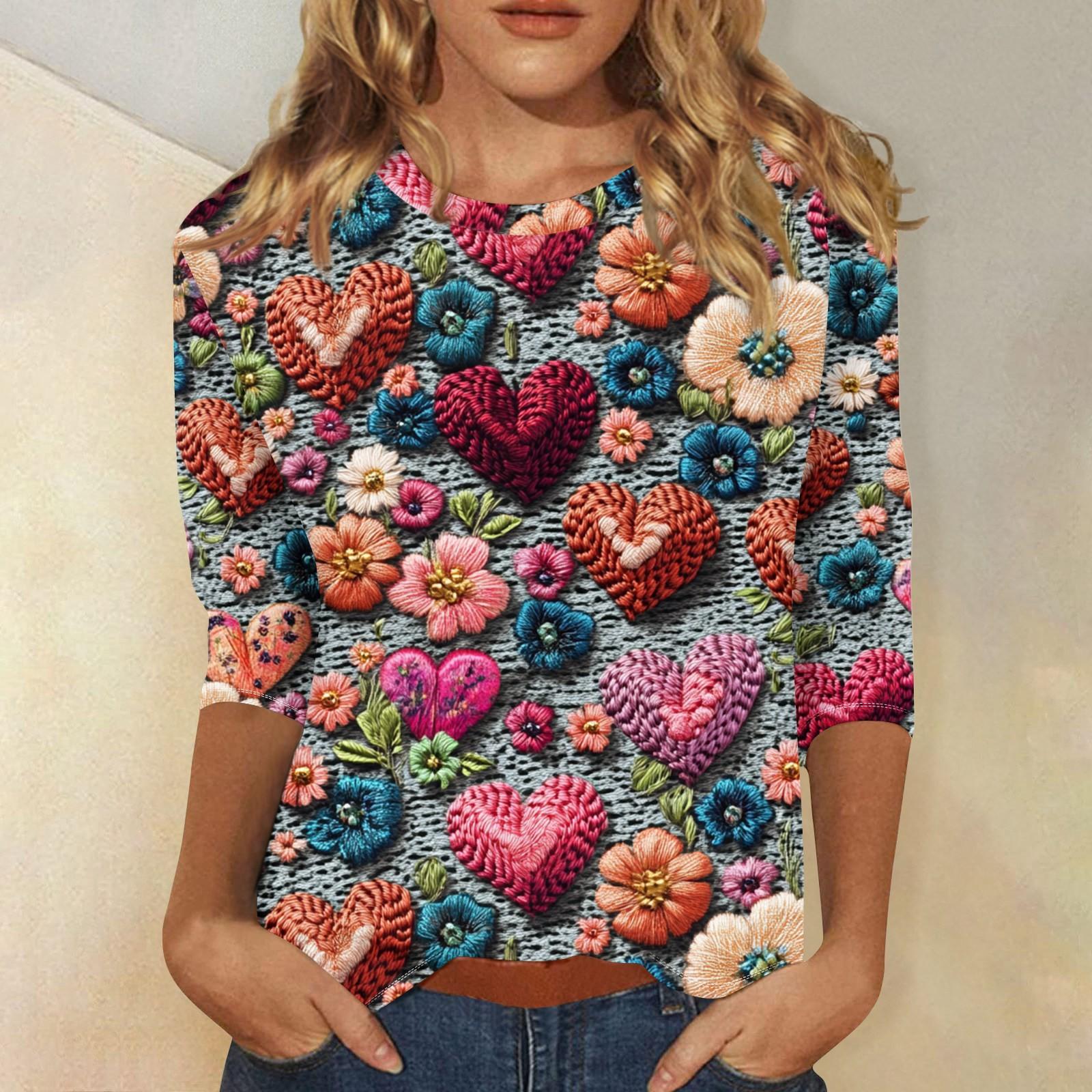 

Женская мода повседневная кофта с разрезом на рукаве 3/4 и принтом ко Дню святого Валентина с круглым вырезом M синий