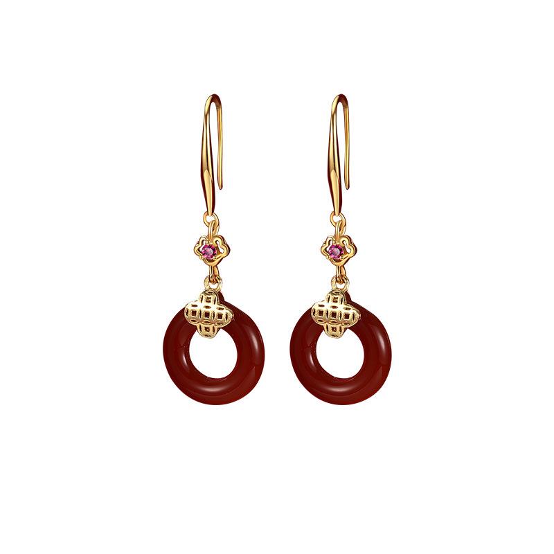 Ping An Buckle Chinese Knot Agate Ear Hook Vintage New Year's Gift Versatile Earrings Ear Jewelry