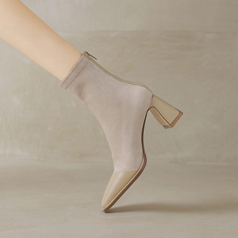 Krazing Pot Cow Skin Autumn Winter Shoes Square Toe Mixed Color Thick High Heels Zipper Chelsea Boots Women Stretch Ankle Boots