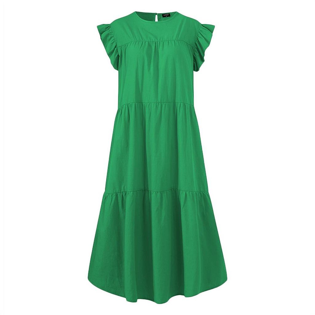 Women's Round Neck Casual Short Sleeve Ruffle-Trim Summer  Dresses