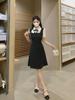 Women's Large French College Style Black Two-Piece Polo Dress - Waist Slimming A-Line Summer Skirt