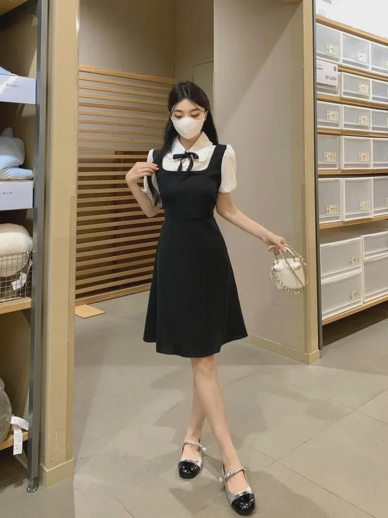 Women's Large French College Style Black Two-Piece Polo Dress - Waist Slimming A-Line Summer Skirt
