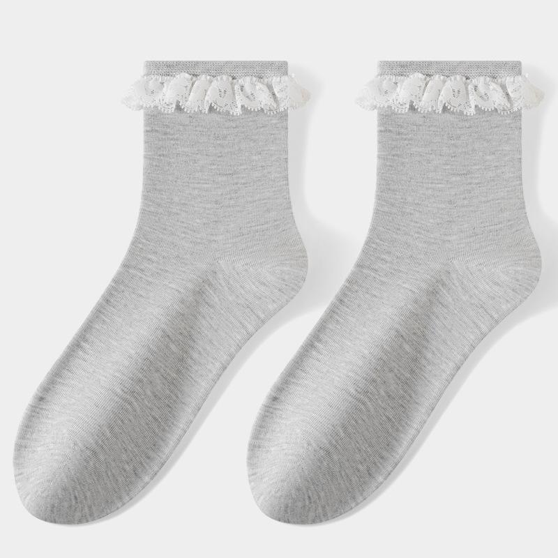 

Женские весенне-осенние милые кружевные антибактериальные носки средней длины 1 pair серый