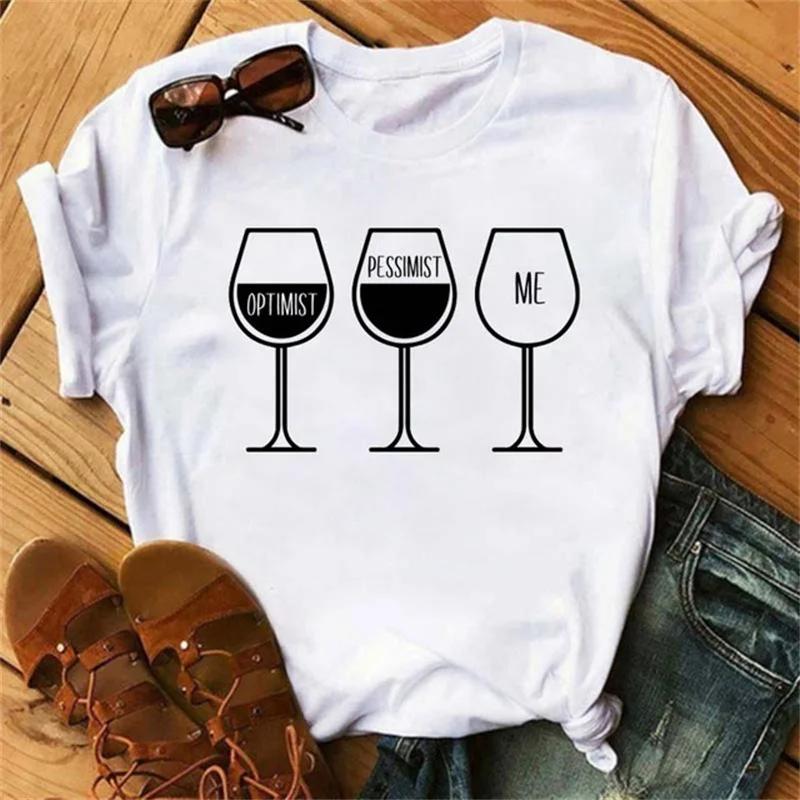 Wine Glasses Printed Tshirts Women Summer Short-sleeve Wine Glass Funny Casual T Shirts Female Black Tops Woman Clothing